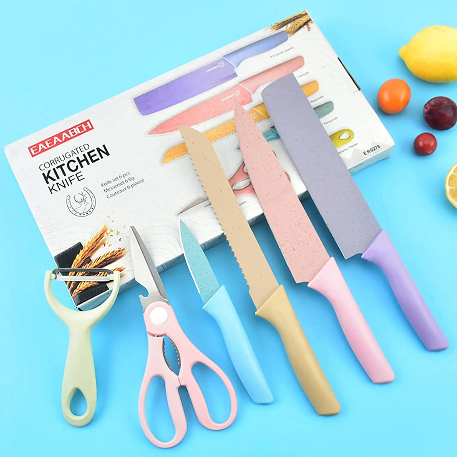 

6 PCS Wheat Straw Colors Stainless Steel Chef Knife Bread Knife Household Kitchen Knife set