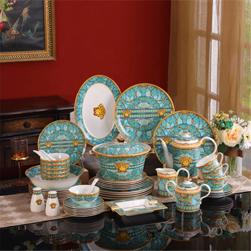 

New Product 58 Pcs Western Europe Palace Luxury Dining Room Dinnerware Sets For Christmas Gift, Gold rim