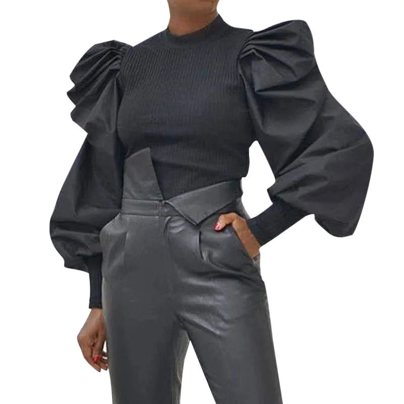 

Custom long sleeve t shirt Women white high neck shirts Women Ruffle Tops