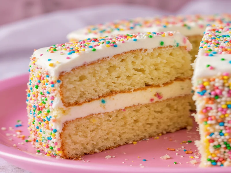 Homemade funfetti cake with vibrant rainbow sprinkles in moist crumb