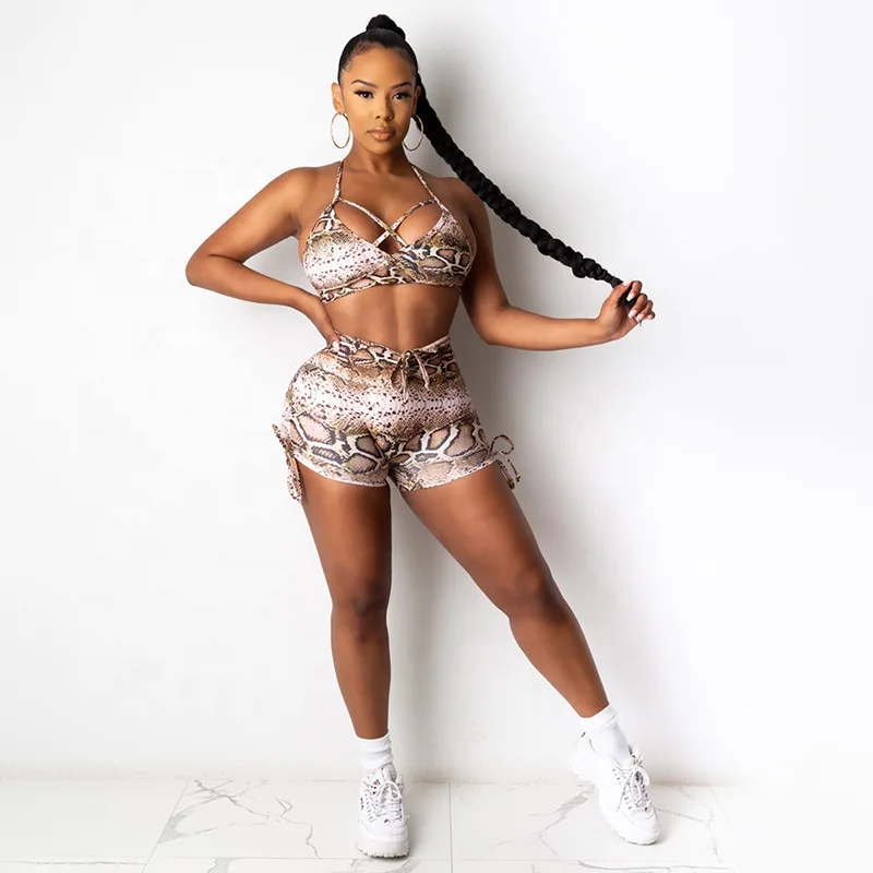 

Ladies Snake Print Fitness Yoga Shorts Sets Plus Size Active Wear Eco-friendly Workout Biker Short Sets, As pitures/customized colors