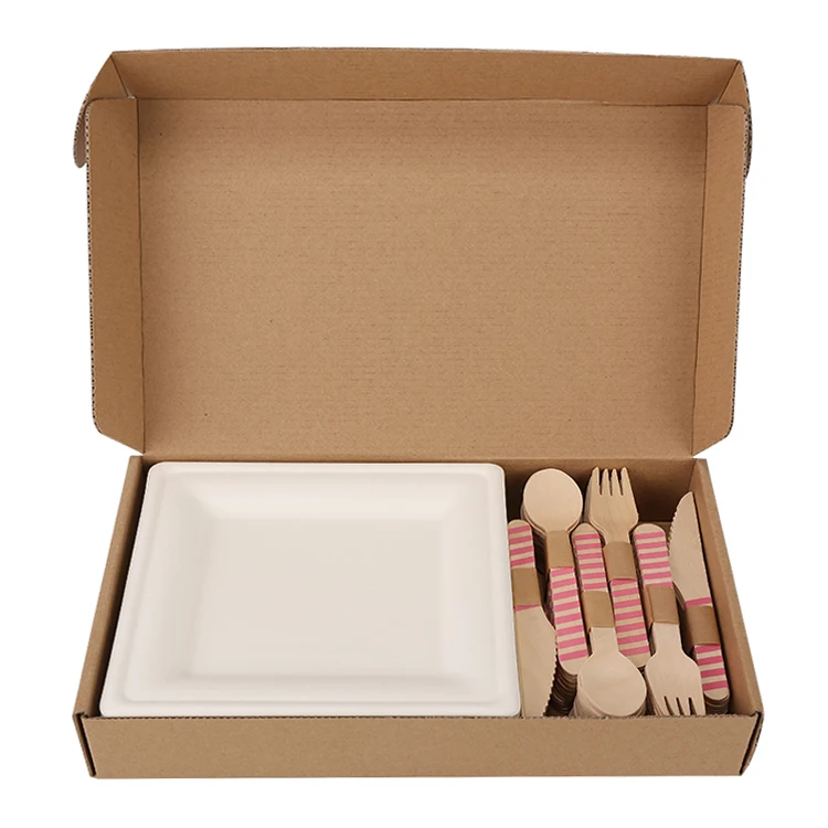 

25-people dinner set, disposable natural materials tableware bagasse plate 10" and wooden cutlery set DDP US