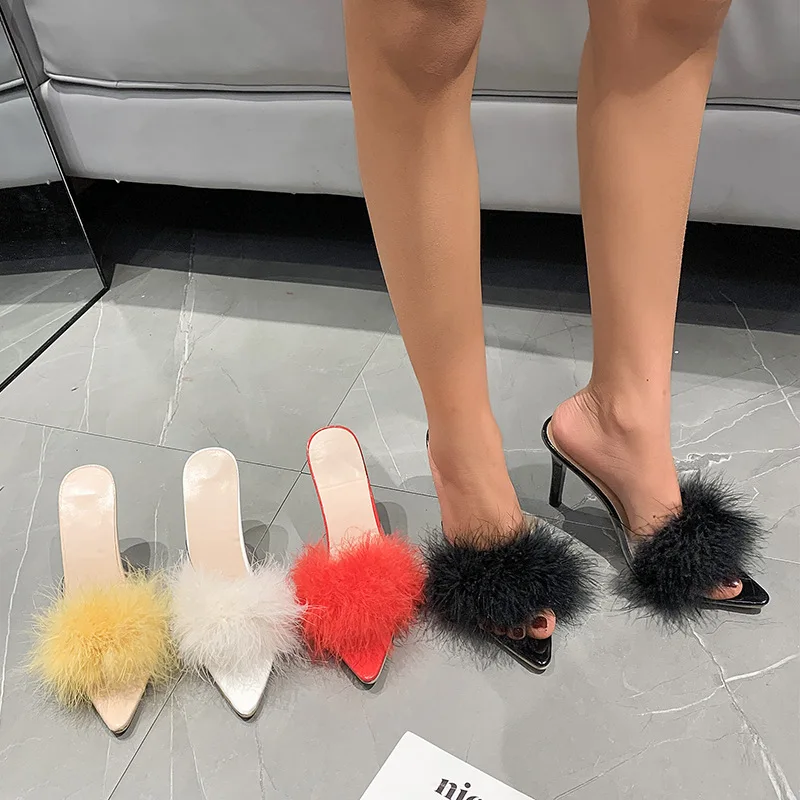 

2023 new summer large size solid color pointy hairy heels