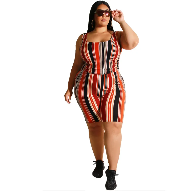 

2021 new arrivals summer fashion stripes print sexy tight short pants short-sleeves plus size women casual daily two piece sets, Red/yellow