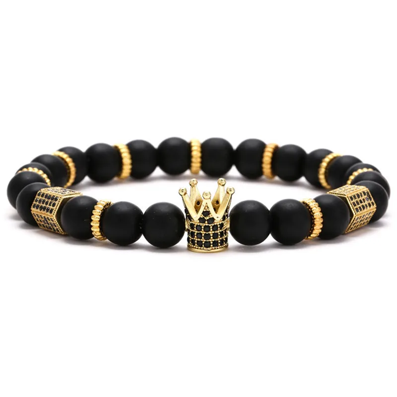 

Wholesale Black Onyx Bead Bracelet With Stretch Crown Charm 18K Gold Men Bracelet, As photo