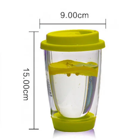 

Gift Mug Insulated Coffee Mug Colorful Green Silicon Cover Bottom Double Wall Glass Mugs 350ml 12oz, Clear with green silicon