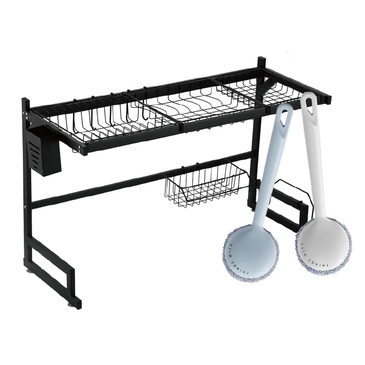 

Free Sample Amazon choice 2 Tier Over the Sink Stainless Steel Drying & Display Dishes Rack and Dish Brush