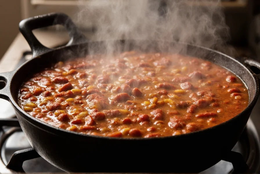 Homemade chili verde simmering in cast iron pot with steam rising
