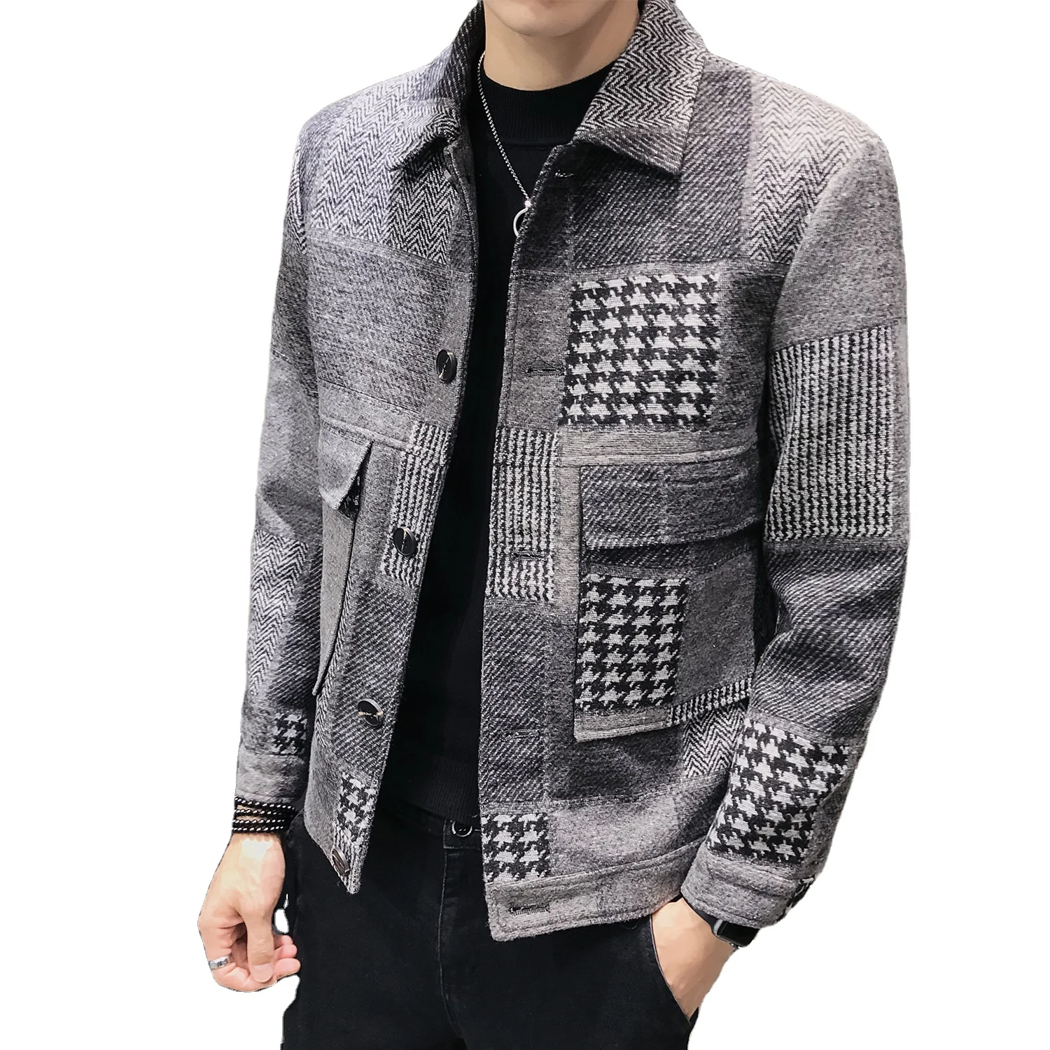 

Fashionable men's color-block check woolen coat youth slim-fit jacket