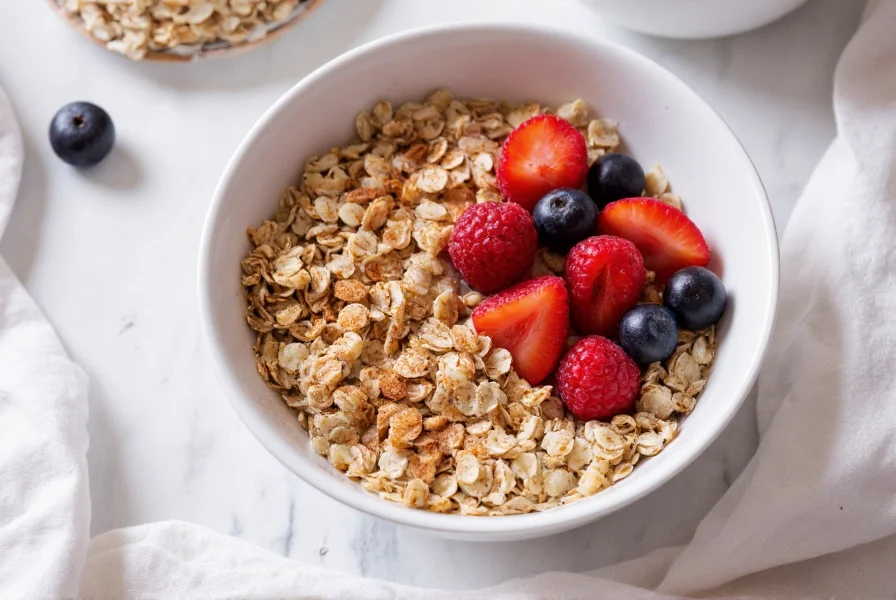 Healthy breakfast bowl with oats, berries, and cinnamon sprinkled on top