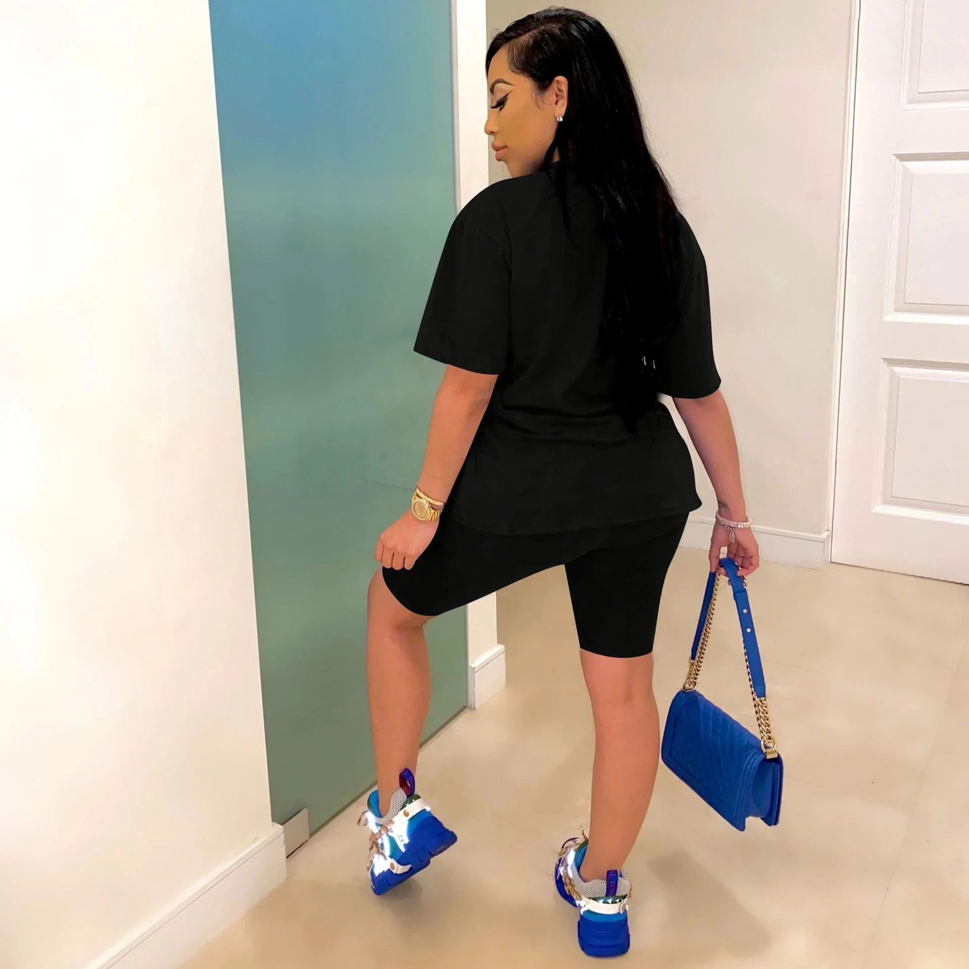 

Letter Pattern Tracksuit Women Set Top Biker Shorts Plus Size Casual 2 Piece Sets Women Outfits in Stock, Picture