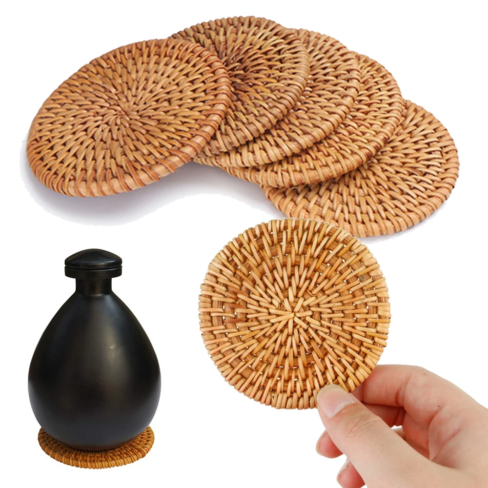 

Rattan Coaster Kitchen Table Placemat Bowl Mat Durable Hand Woven Insulation Coffee Cup Coaster Teapot Mat, Natural