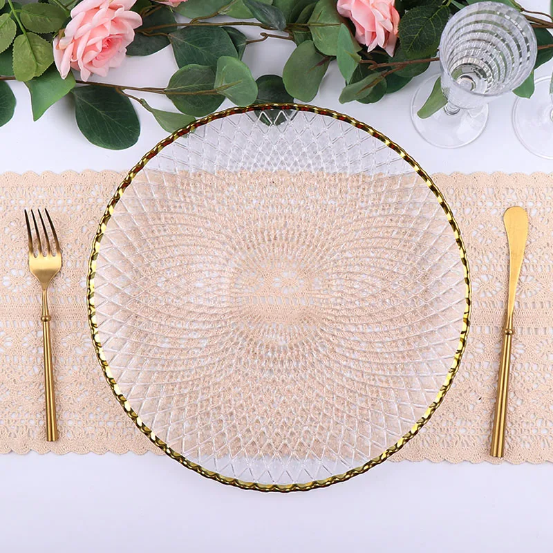 

Wholesale Heavy Clear Charger Plate Gold Rim Cheap 13 Inch Unbreakable Wedding Decoration Charger Plate Silver Gold Clear Glass