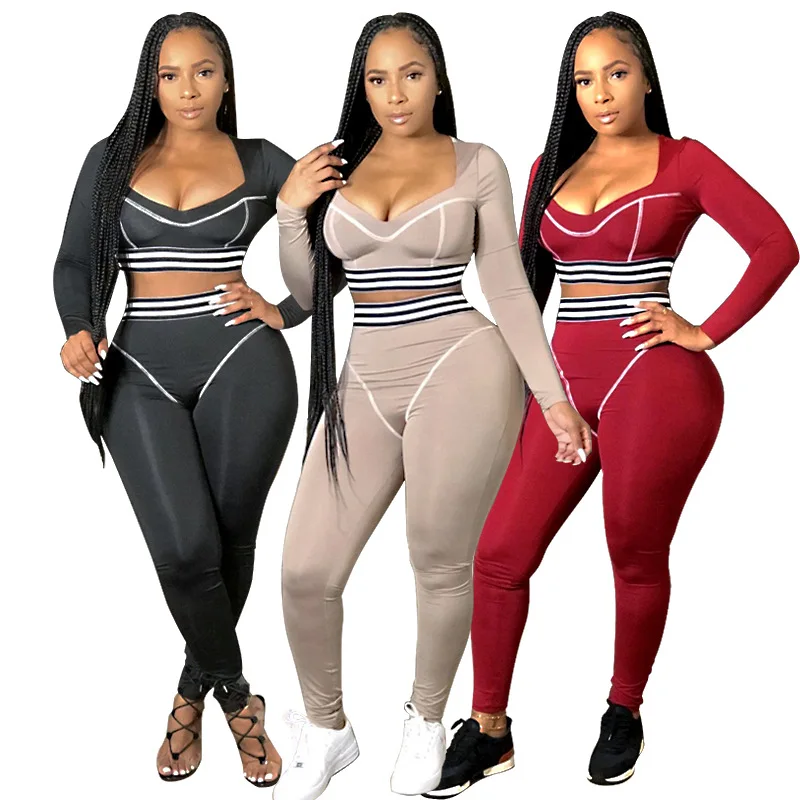 

Solid Color Splicing fitness &amp yoga wear Trousers Skinny Women Two Piece Outfits jogging suits wholesale, At picture