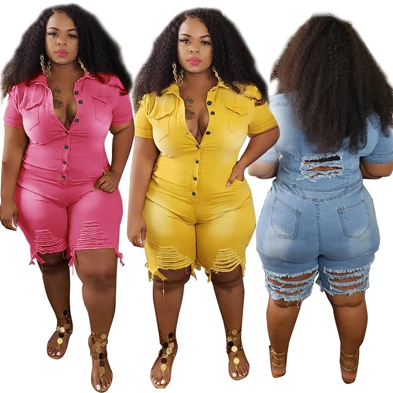 

YD High street ladies hot girl pink ripped jumpsuits shorts with scratched summer 2021 plus size denim jumpsuit women