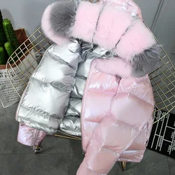 Custom Women Fox Fur Collar Shiny Pink Drawstring Design Short Bubble Jackets Down Jackets