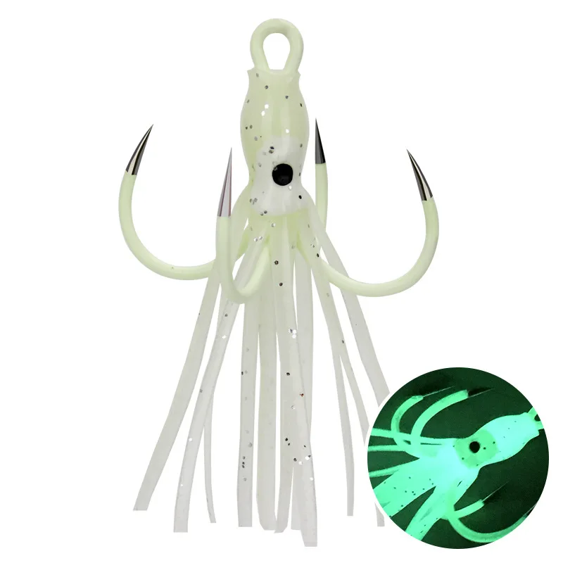 

Wholesale Saltwater 16#18# Sea fishing lure bait octopus squid skirt hook four luminous triple treble hooks