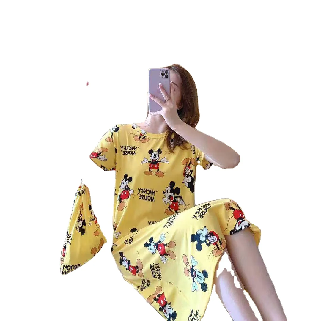 

2020 newest women cartoon printed cute milk silk dress pajamas women night dress