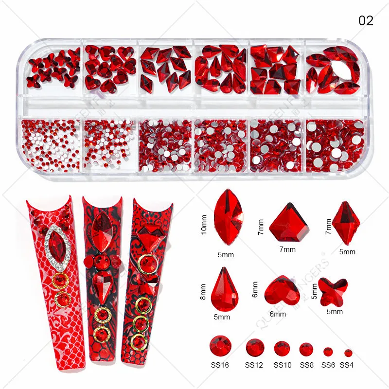 

Multi Shapes Nail Crystal AB Rhinestones Box Kit For Nail Art Mix 12 Style FlatBack Crystals 3D Decorations Stones Gem Set, Ab mix style