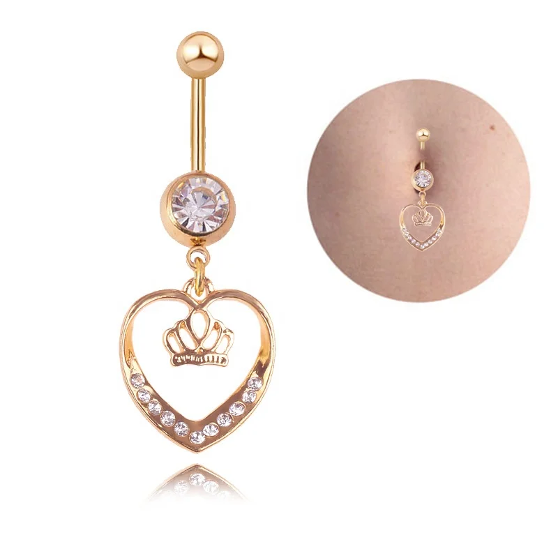 

1x 316L Titanium BELLY BAR Navel Ring Surgical Steel Body Piercing Crown Heart Heart-shaped gilt golden heart-shaped crown navel, Gold