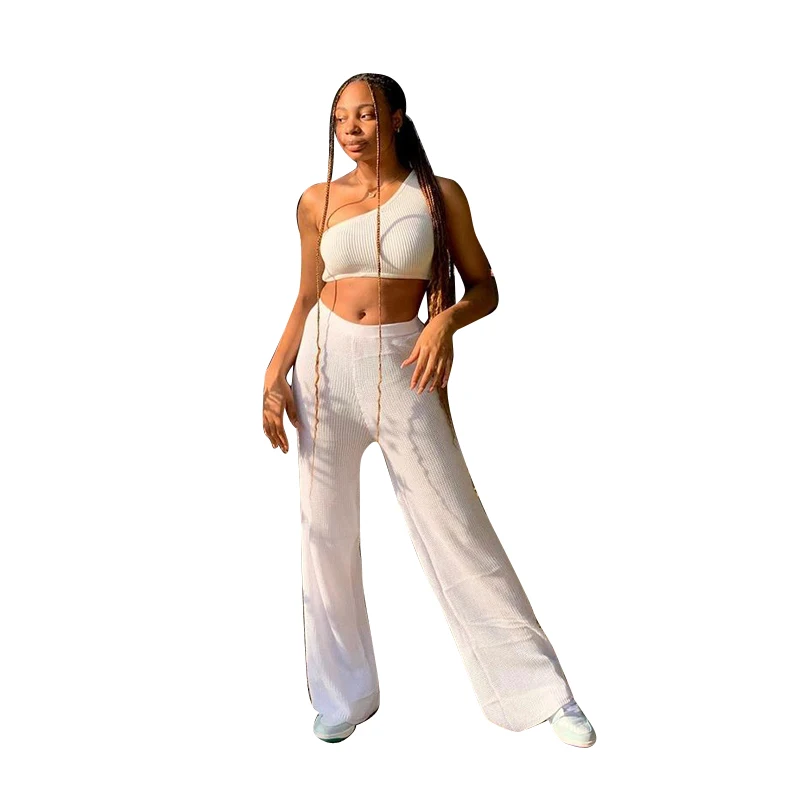 

Slant shoulder white T-shirt wide leg women's pants casual suit