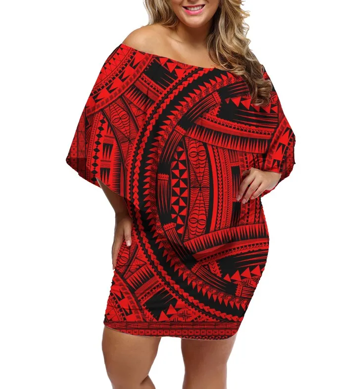 

Personalized Ethnic Print Lady Club Wear Clothing Customized Polynesian Tribal Bodycon Dresses Women Oversize Off-Shoulder Dress, Customized color