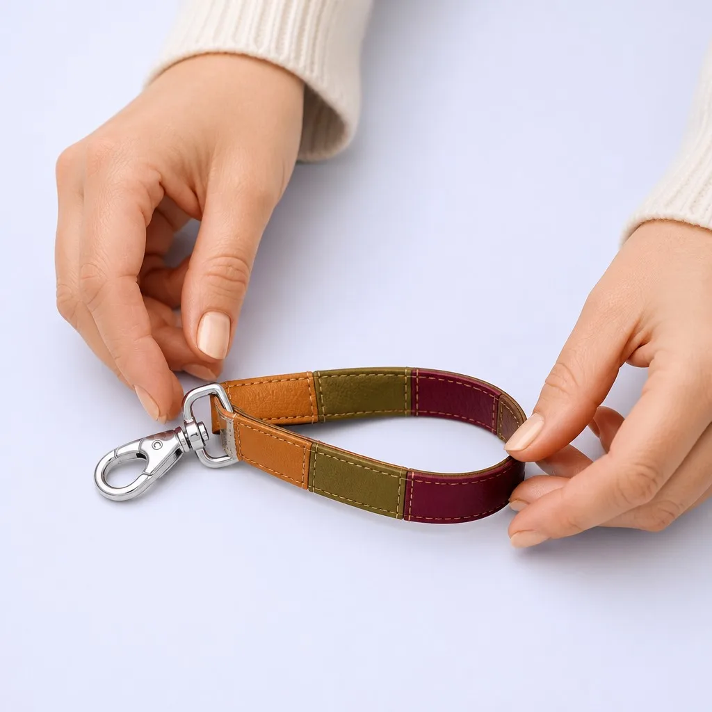 Hands adjusting a patchwork leather wrist strap keychain