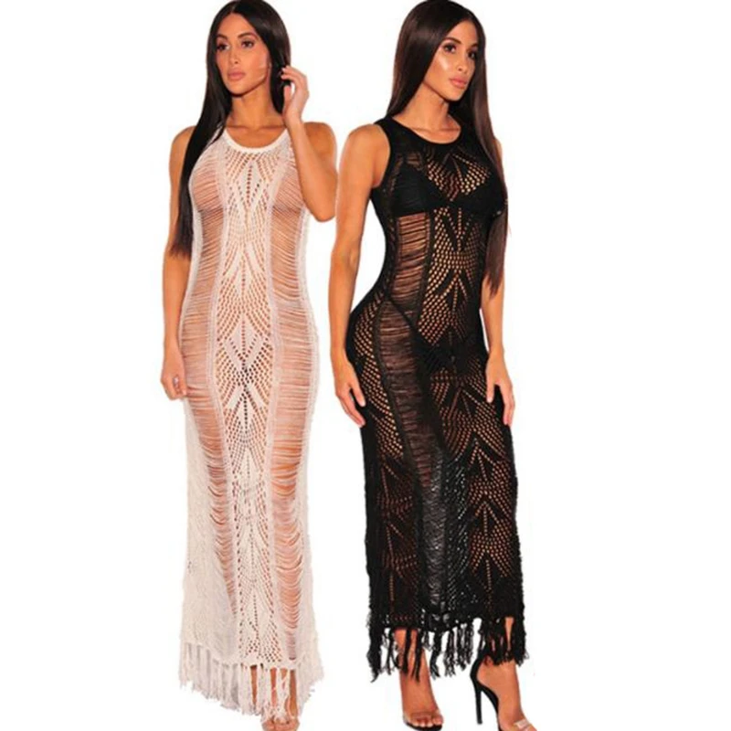 

Fishnet Crochet Beach Cover Up Long See Through Dress Crochet Tassels Swimsuit Cover Up Hollow Out Beachwear Bathing Suit