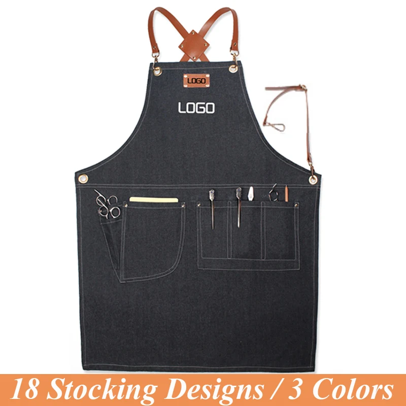 

Multi-function Denim Apron with Tools Collecting Pockets Adjustable Cowboy Bib Apron Leather Strap Baker Bartender Work Uniform, Black/blue/grey