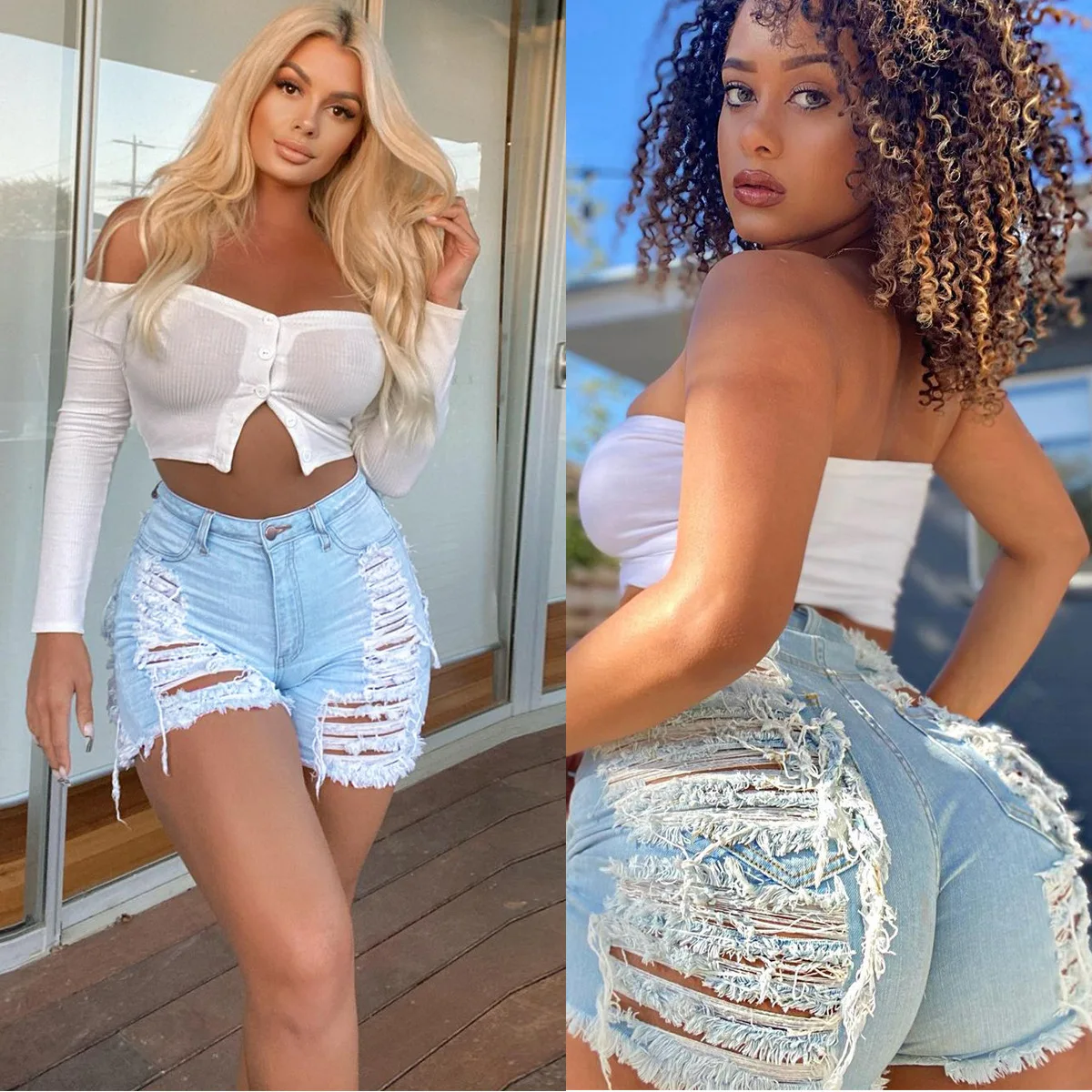 

Summer hot sale Distressed cotton light blue denim jean trousers high stretch vintage skinny jean shorts women, Picture color