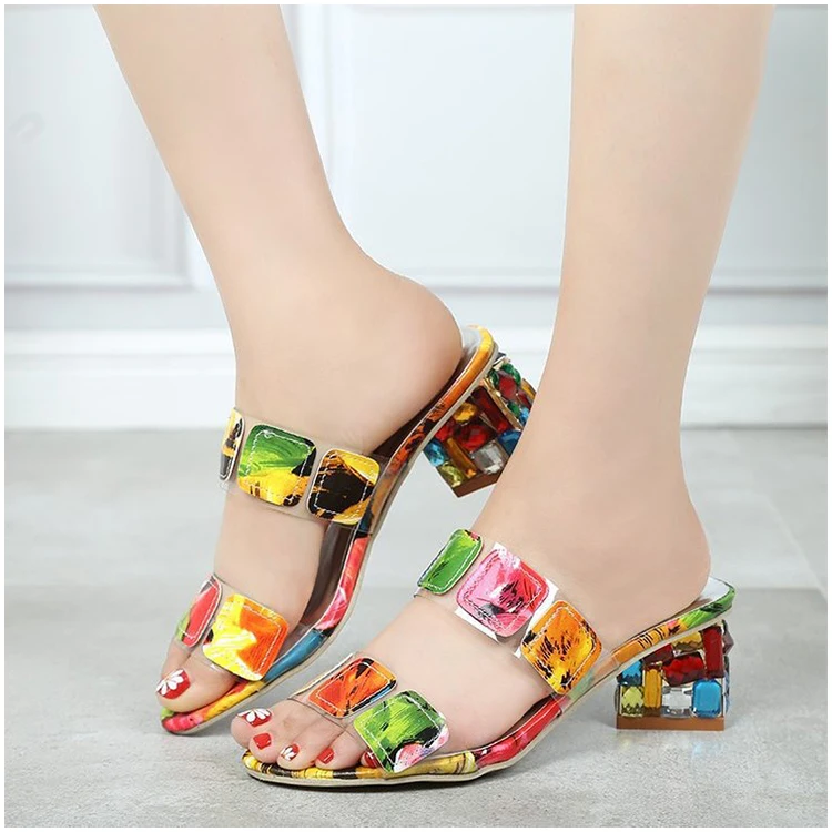 

Outside Wear Rhinestone Thick Heel Flip Flop High Heel Wedges Colorful Cool Flip Flop Womens Sandals Outdoor Slippers