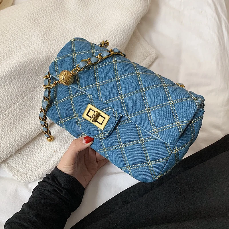 

2022 Classic Quilted Fabric Ladies Blue Denim Handbags Cross Chain Shoulder Small Bags Fashion Denim Bags Women