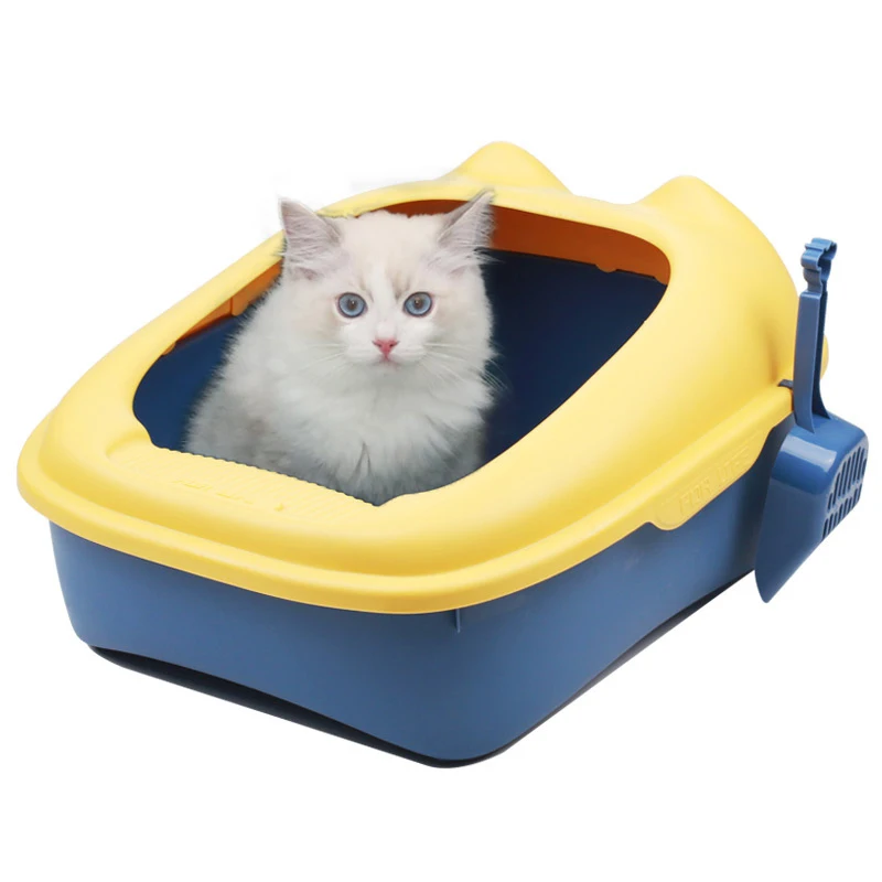 

2021 Hot Sale New Cat Ear Shape Easy Clean High Fence Semi Enclosed Large Small Cat Toilet Litter Box With Scoop, Yellow, blue, pink