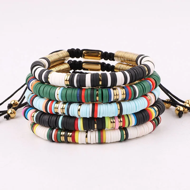 

High Quality Newest Fashion Colorful Polymer Clay Gold Hematite Beads Custom Logo Macrame Bracelet Women Men