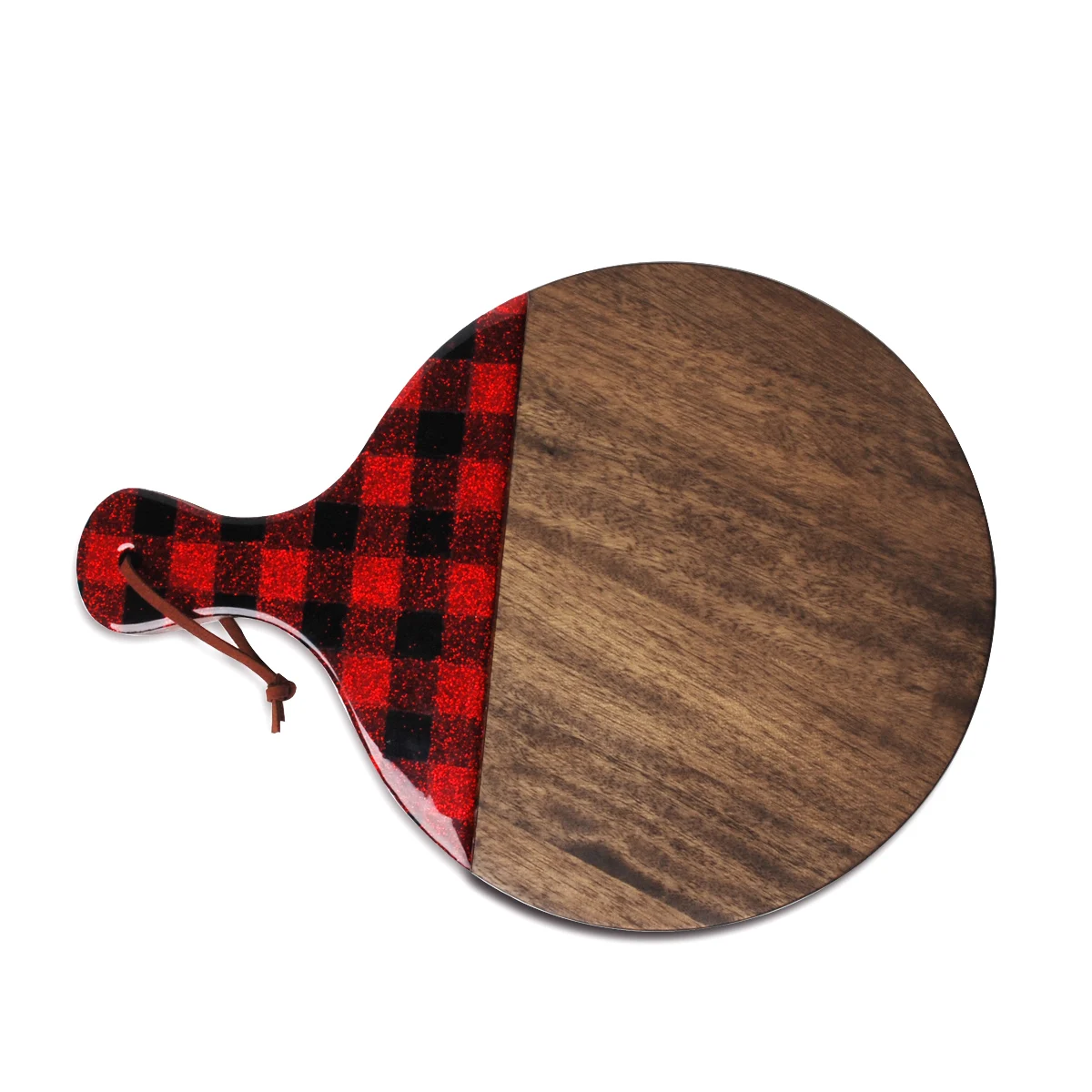 

Wholesale Buffalo Plaid Wood Cutting Board Round Cheese Board with Handle Red Black Plaid Wooden Chopping Board Tray DOM-1161707