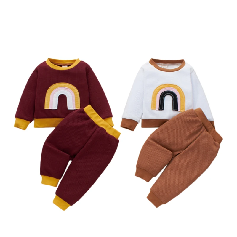 

Custom Logo Newborn Infant Girls Boys Waffle Cotton Rainbow Embroidery Pullover Pants Tracksuit 2PCS Autumn Spring Baby Outfit, Photo showed and customized color