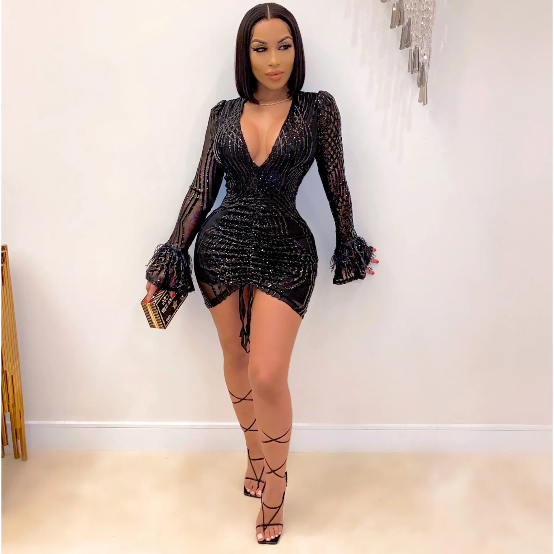 

New V-neck lantern sleeve club sequin party sexy A-line dress ladies mid-waist solid color dress