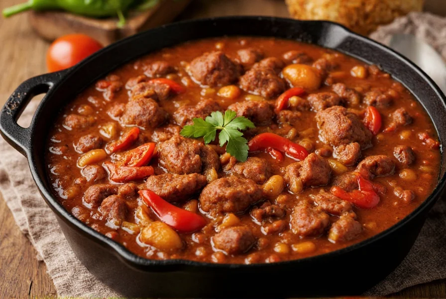 Over the top chili recipe with multiple meats and exotic peppers in cast iron pot