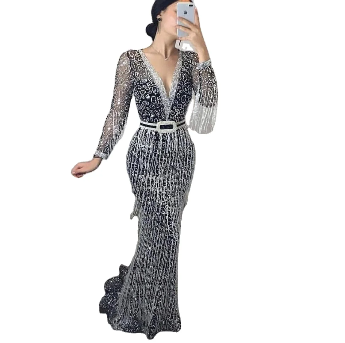 

2021 New Fashion European And American Women's New Long-sleeved Sequined Fringed Evening Dress