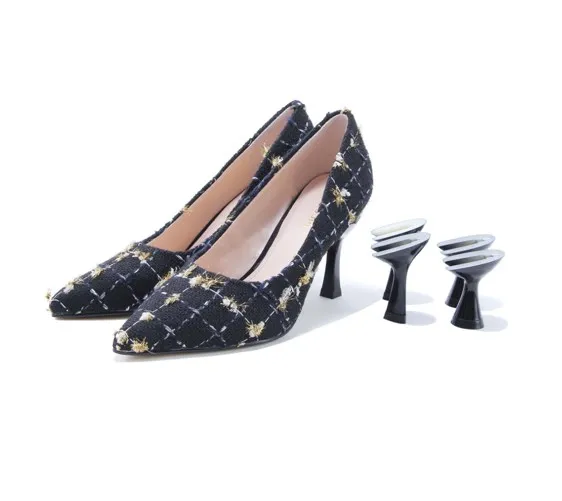 

2021 women's heel changing new technology fashion plaid cloth heel changing shoes black and white removable heels pumps