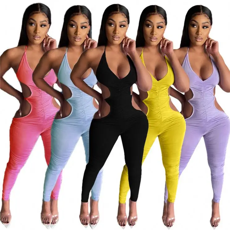 

MOEN Lowest Price Solid Color Sexy Halter Backless Hollow Out Jumpsuit Bodycon One Piece Long Women Rompers And Jumpsuits