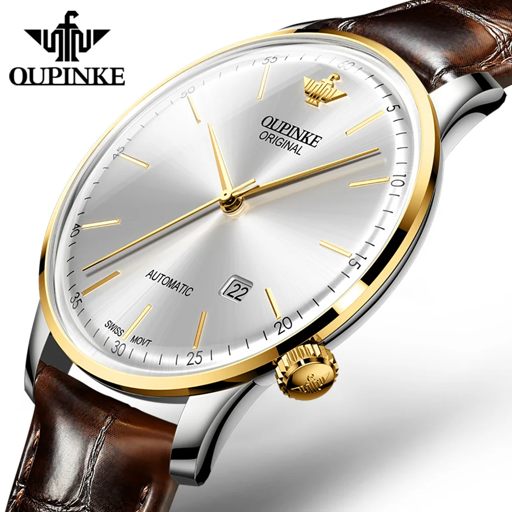 

Oupinke 3269 Original Luxury Ultra Thin Watch Men Automatic Mechanical Slim with Date Brand Relogio Masculino Leather Wristwatch