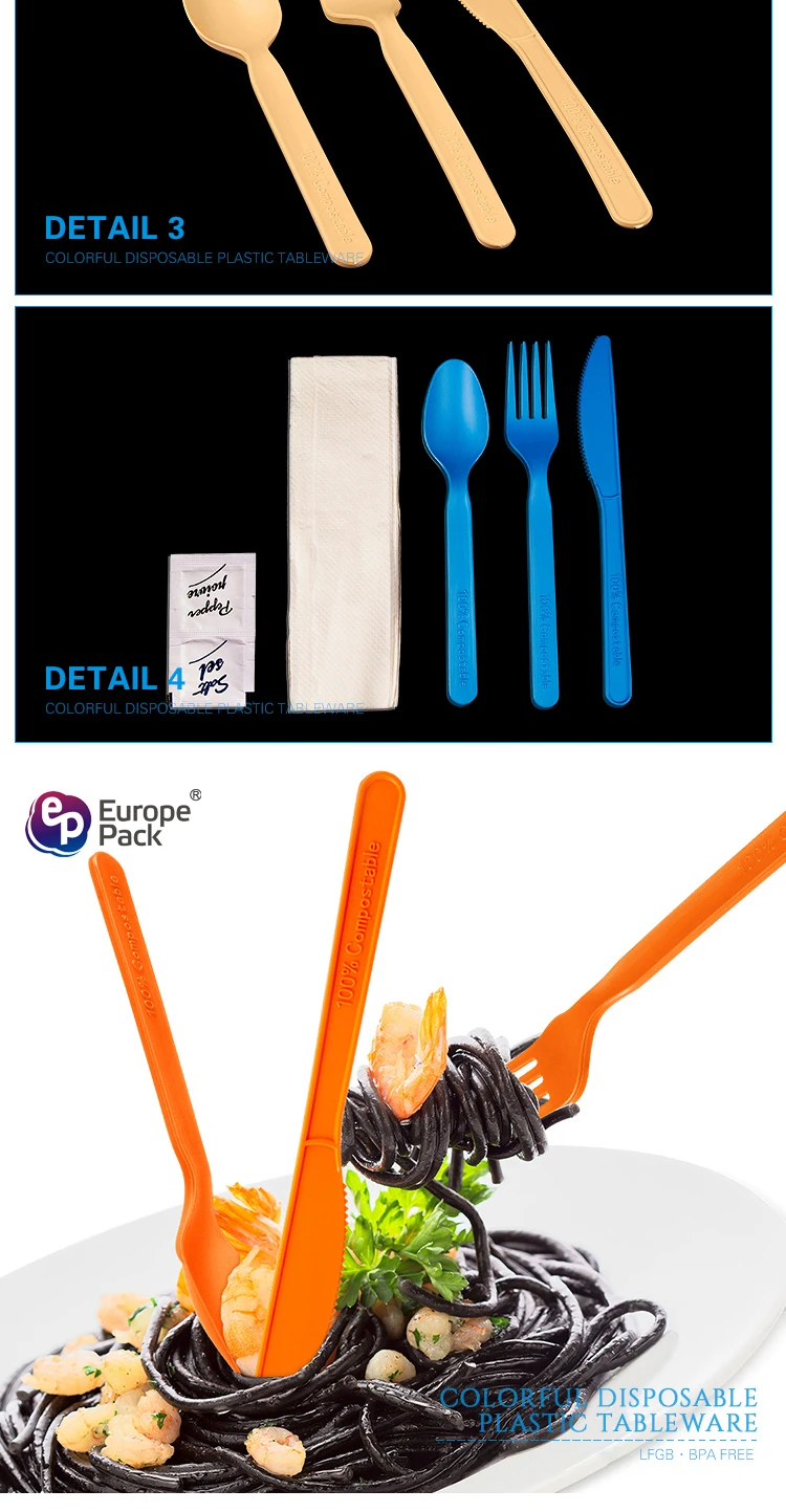 Cutlery with Napkin Colorful PLA Plastic Wholesale Disposable Flatware Sets Support Top Level Quality Knife Spoon Fork S