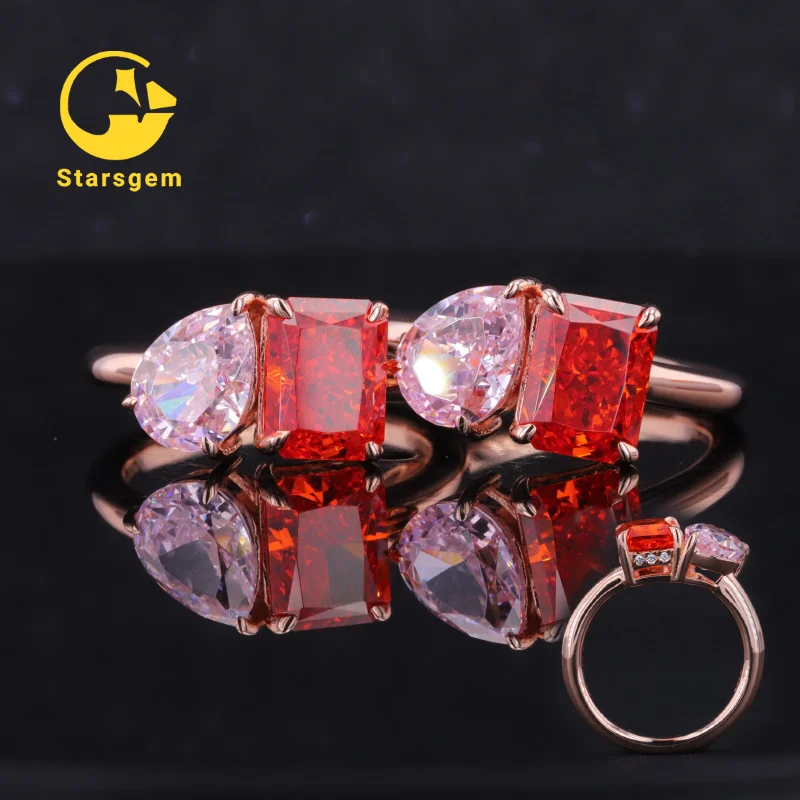 

New S925 ring jewellery Pink orange color cubic zirconia ring 6*8 pear crushed ice cubic zirconia engagement ring