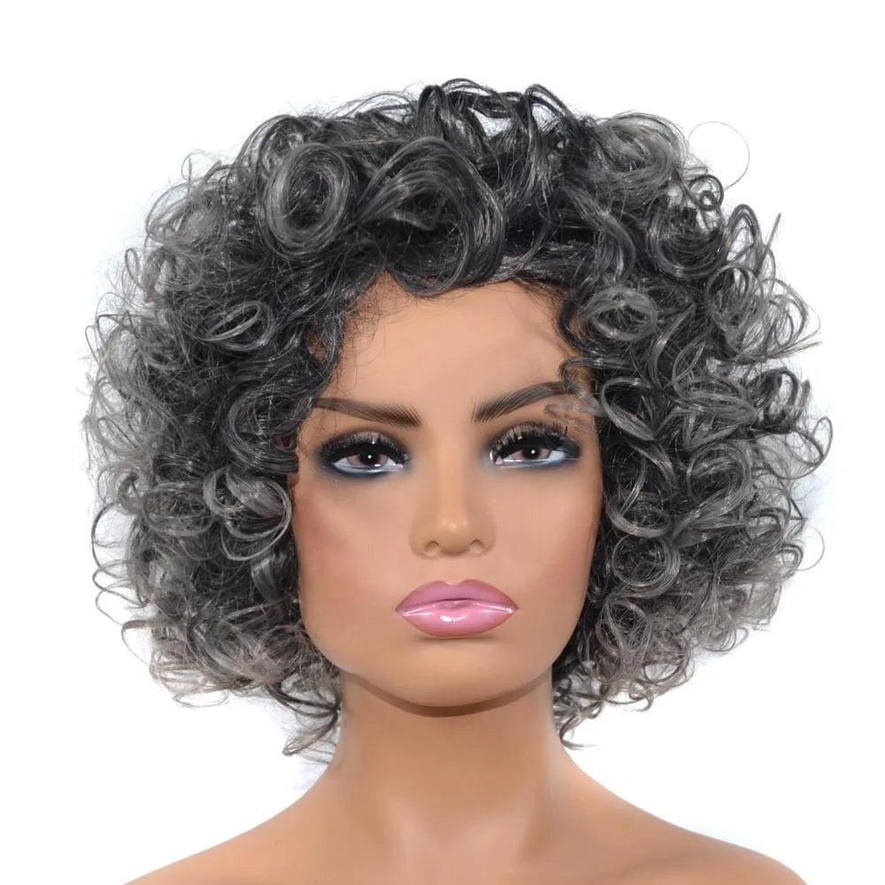 

High Temperature fiber mix white sliver grey fluffy short hair wigs