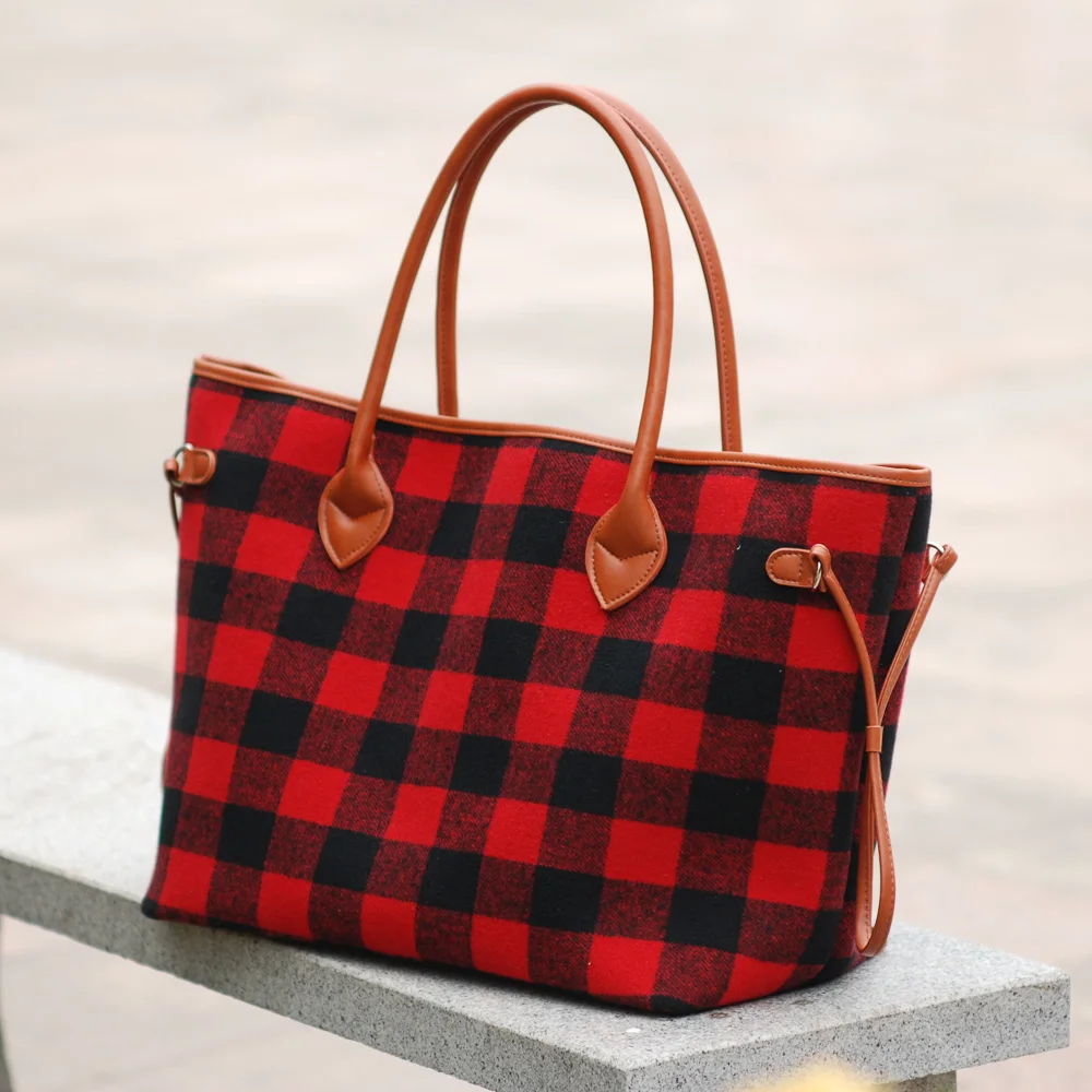 

Christmas Plaid Women Handbag Black White Check Design Tote Bag Wool Material Large Capacity Buffalo Casual Tote Bags DOM106377, White black