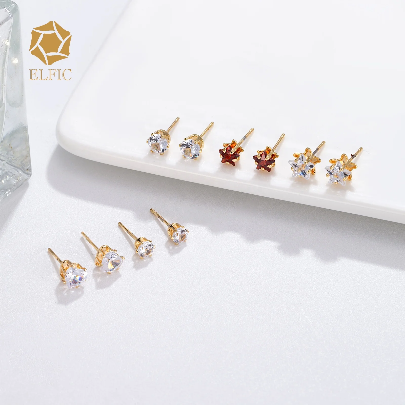 

Elfic wholesale fashion 14k gold plated jewelry aretes de oro cute earrings heart star shape small earrings zircon joyeria joyas