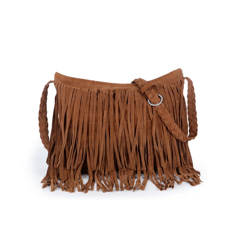 

Tassel Shoulder Bag Zipper Western Women Woven Strap Leather Suede Fringe Crossbody Purse Bag