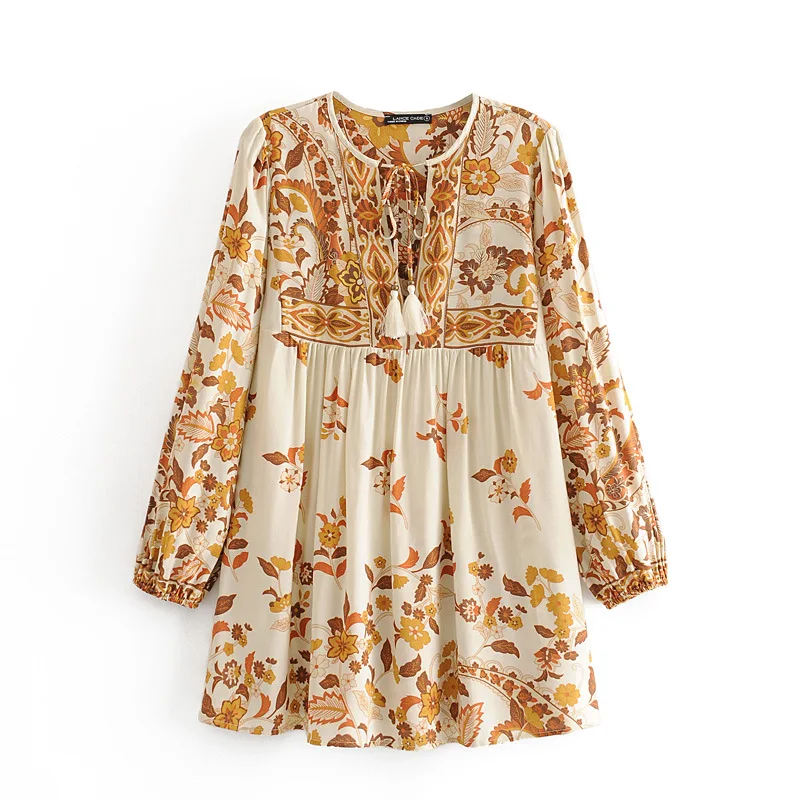

Women Summer 2020 New Casual Blouse Lady Bohemian Holiday Style Floral printed Rayon Cotton Tassel Full Sleeves Lace up Tops