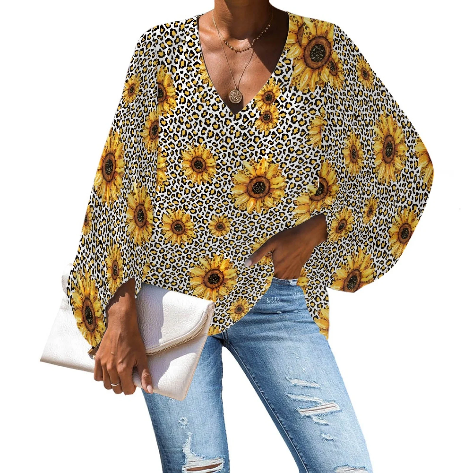 Wholesale Luxury Women Plus Size V-Neck Tunic Tops Loose T Shirt with Sun Flowers Printing Long Sleeve Women's Shirts & Blouses